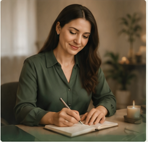 Simona scriind într-un jurnal, într-un cadru calm de terapie